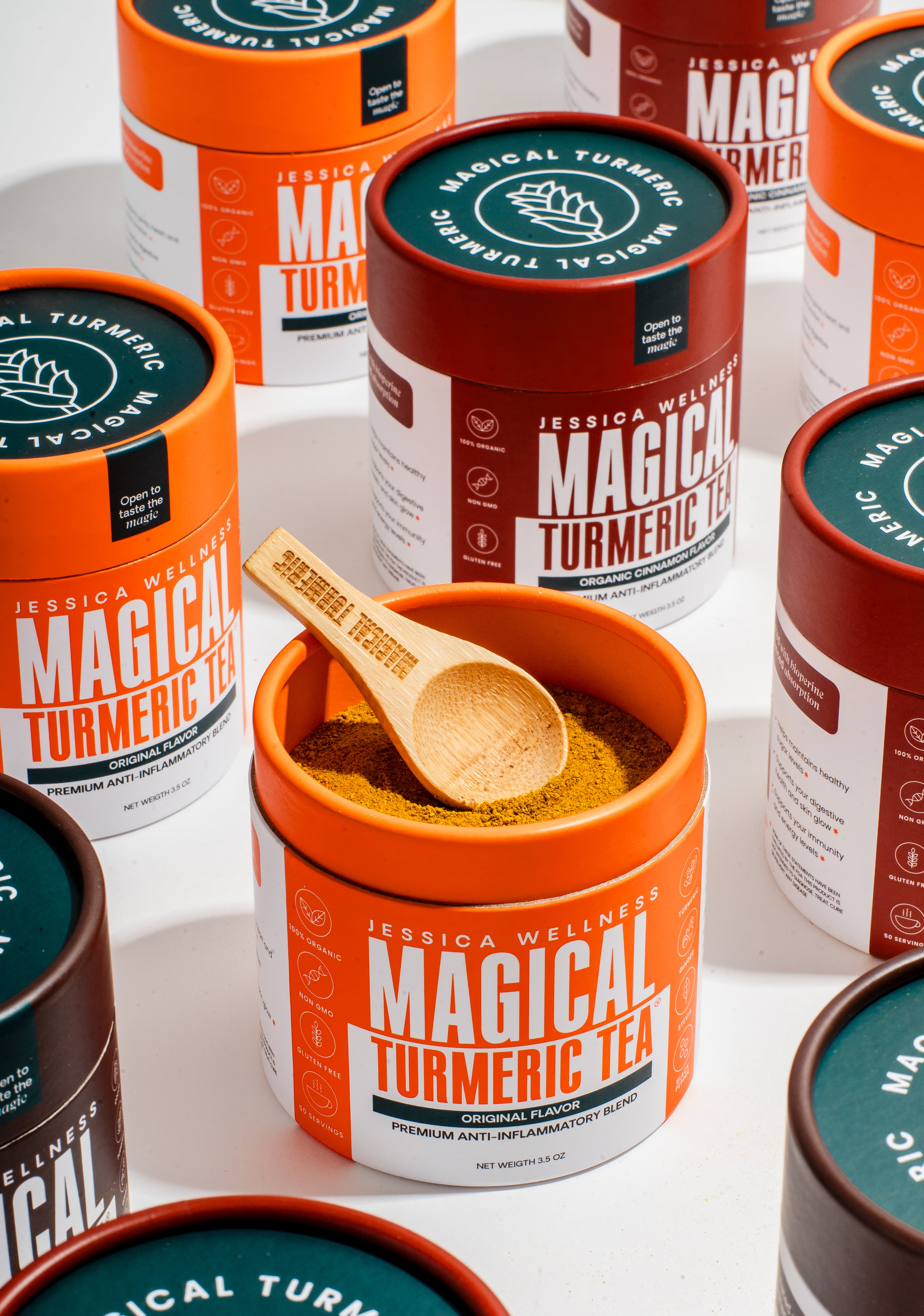 Magical Turmeric Tea blends - Cacao, Cinnamon and Original. Experience the therapeutic power of anti-inflammatory and antioxidant turmeric ginger and black pepper