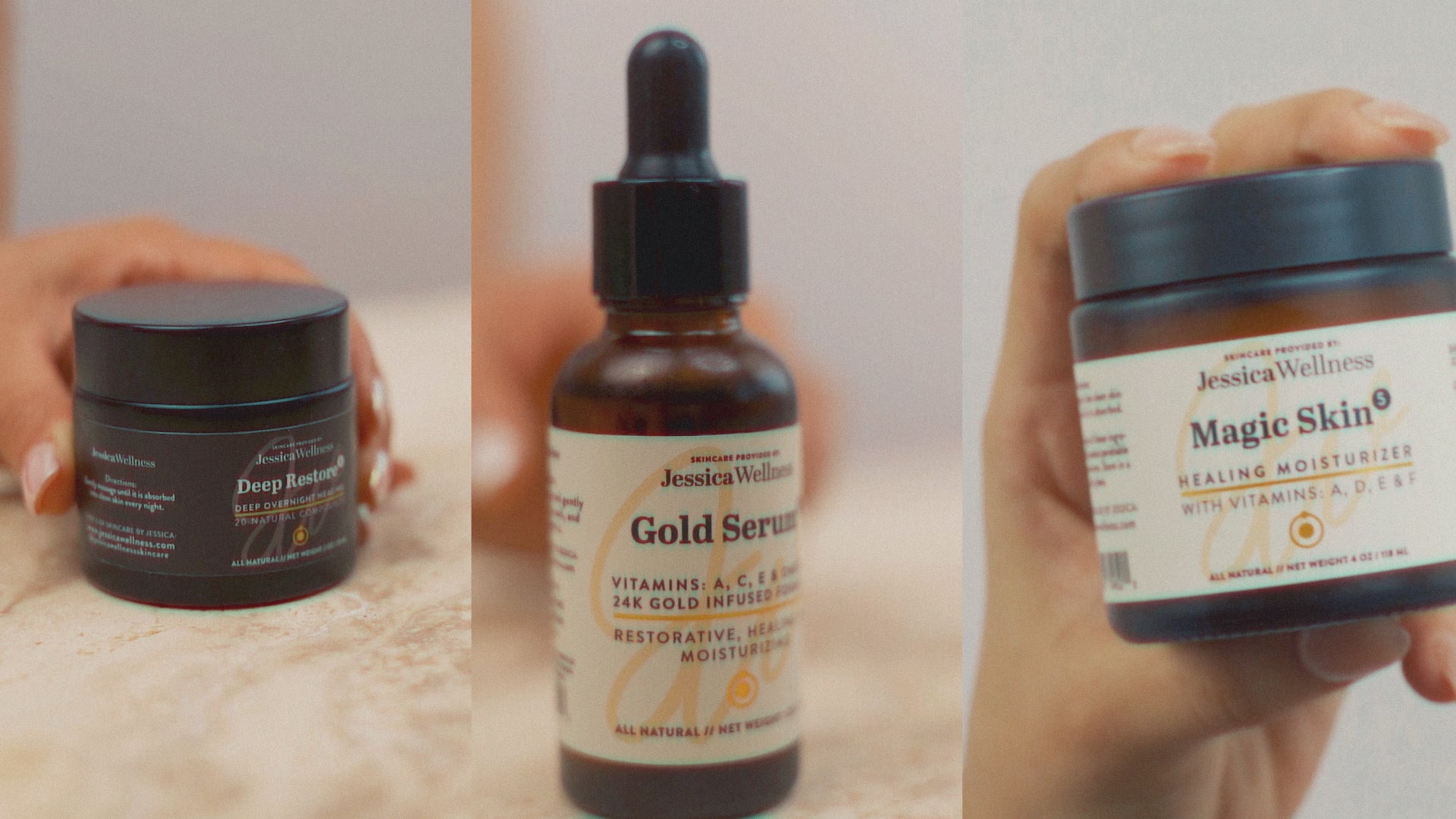Load video: Three screens next to each other. Each screen is showing one of the products from Jessica Wellness skincare and models and showing the texture of the cream or the serum.
